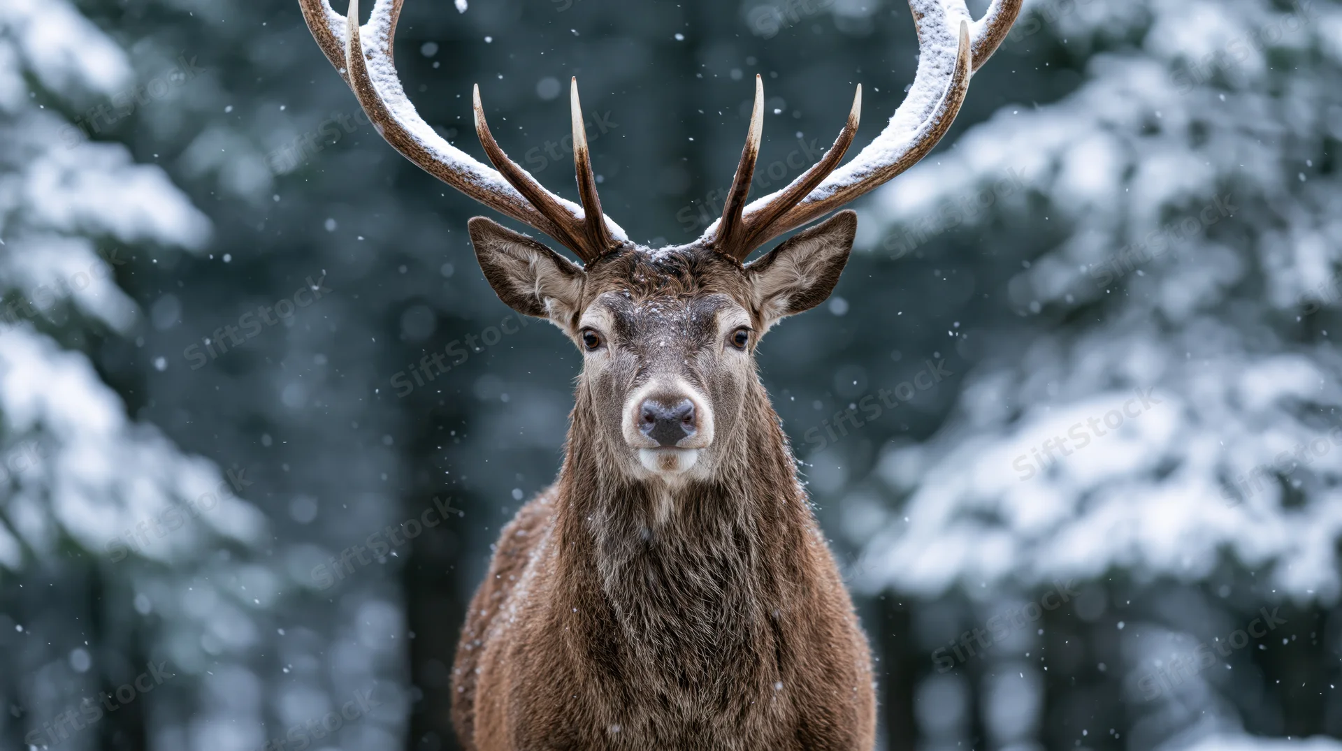 Red deer stag facing camera in snowy forest with snow-covered antlers