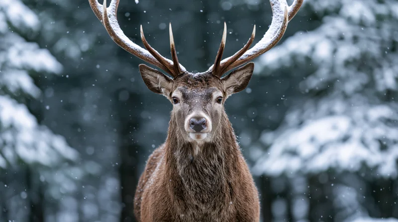Red deer stag facing camera in snowy forest with snow-covered antlers