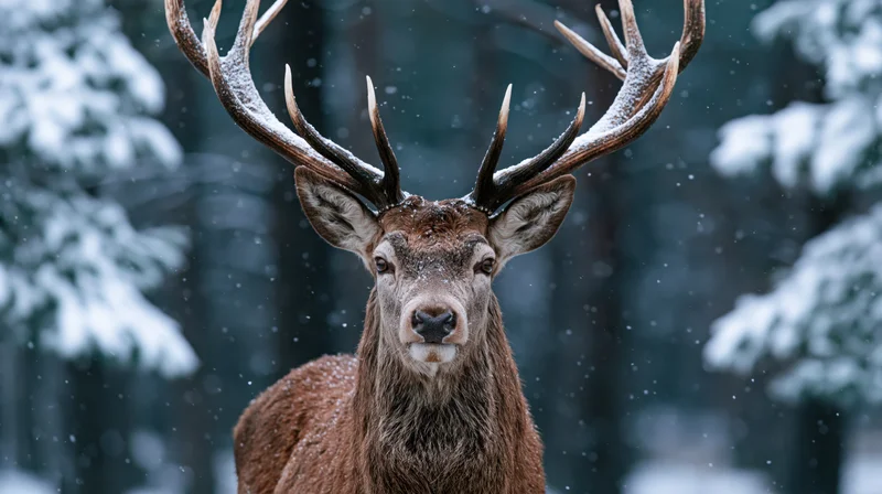 Mature red deer stag facing camera directly in snowy forest