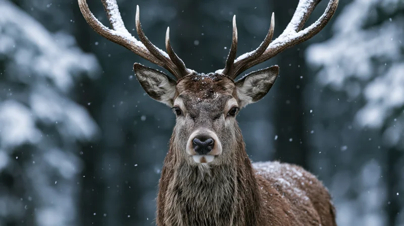 Red deer stag facing camera in snowy forest with snow on antlers and fur
