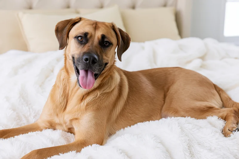 Tan mixed-breed dog lying relaxed on white fluffy blanket in bedroom