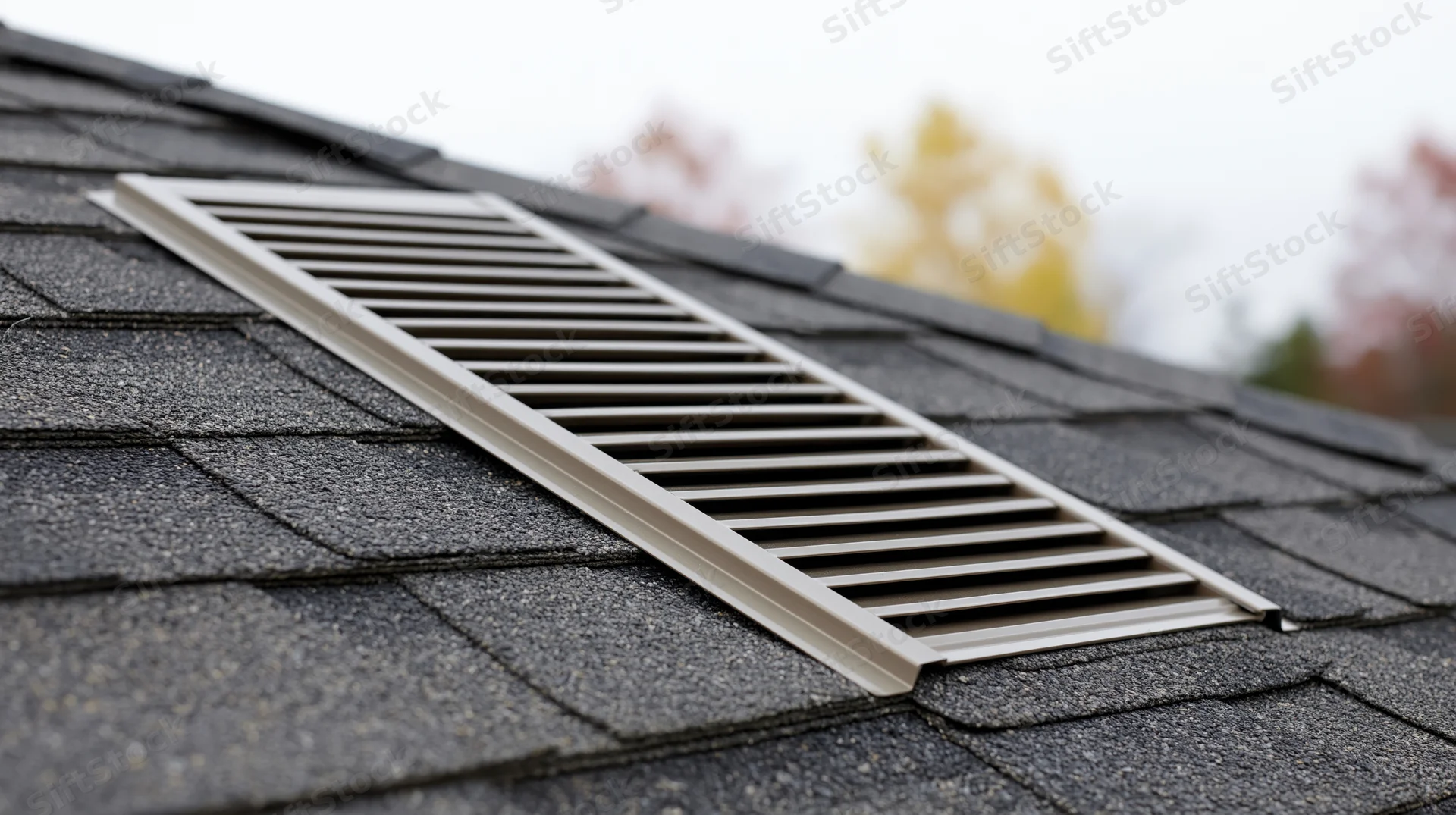 Metal ridge vent installed flush on dark asphalt shingle roof