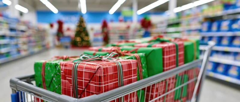 Shopping cart filled with wrapped christmas gifts in a supermarket aisle