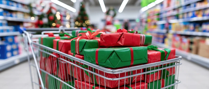 Metal shopping cart overflowing with red and green wrapped gifts in a supermarket aisle decorated for christmas