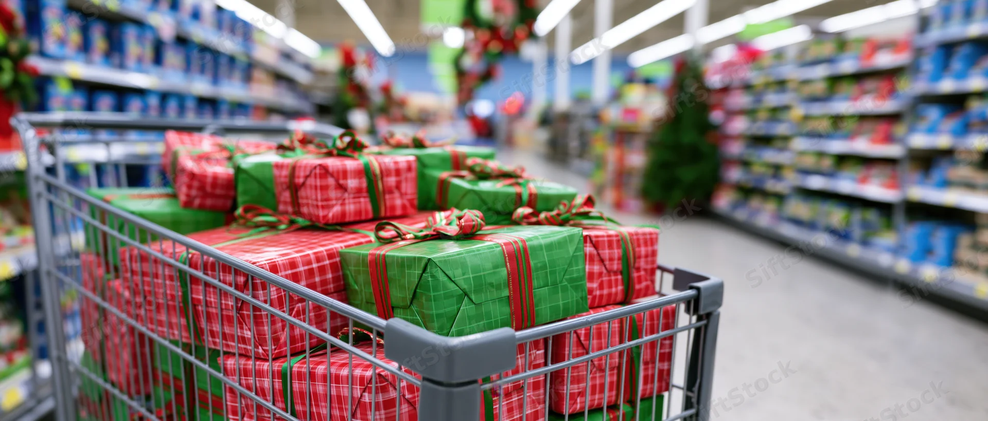 Metal shopping cart overflowing with wrapped christmas gifts in supermarket aisle