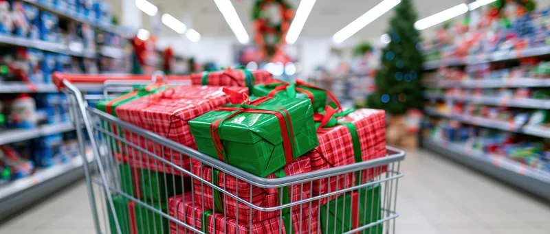 Metal shopping cart overflowing with wrapped christmas gifts in a supermarket aisle