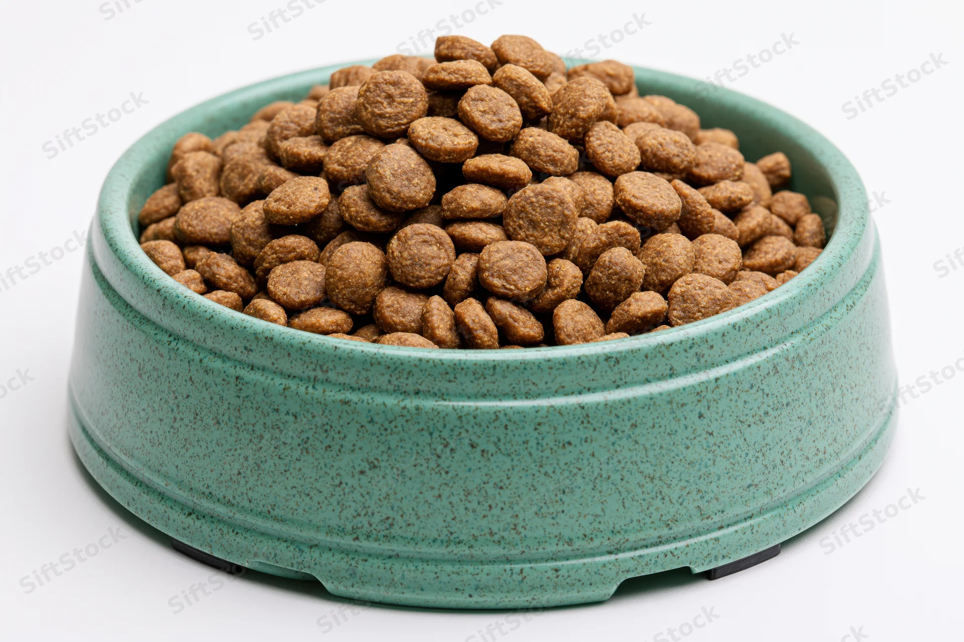Mint green speckled pet bowl filled with dry kibble food on white background