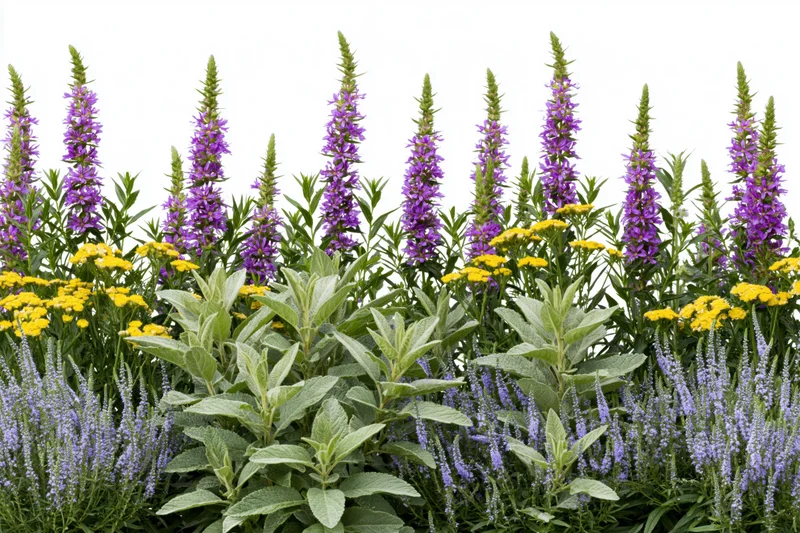 Mixed wildflower border with purple salvia loosestrife and yellow blooms against white background