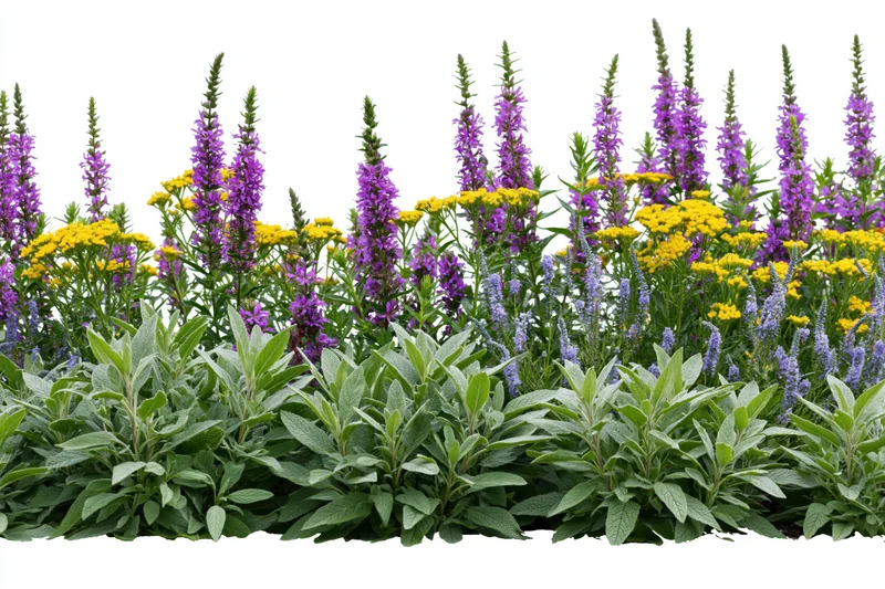 Mixed wildflower border with purple salvia and yellow loosestrife blooms in front of green foliage on white background