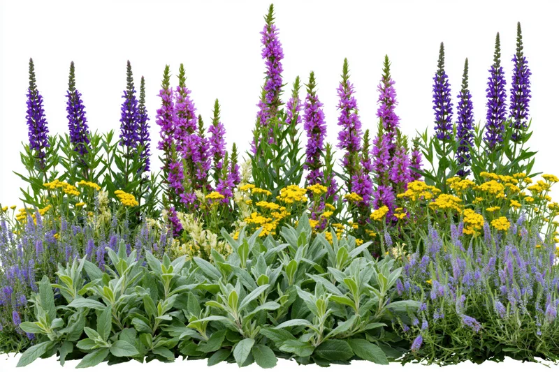 Mixed wildflower border with purple salvia and yellow blooms in front of white background