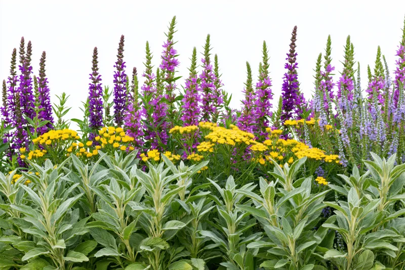 A mixed wildflower border with purple salvia and yellow flowers in front of silvery sage foliage