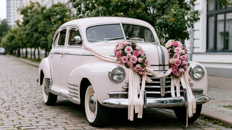 Pale pink vintage sedan decorated with pink rose bouquets and ribbons on cobblestone street