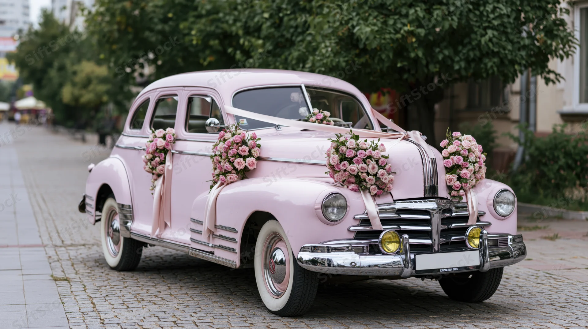 Pale pink vintage sedan decorated with floral bouquets on cobblestone street