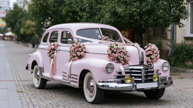 Pale pink vintage sedan decorated with floral bouquets on cobblestone street