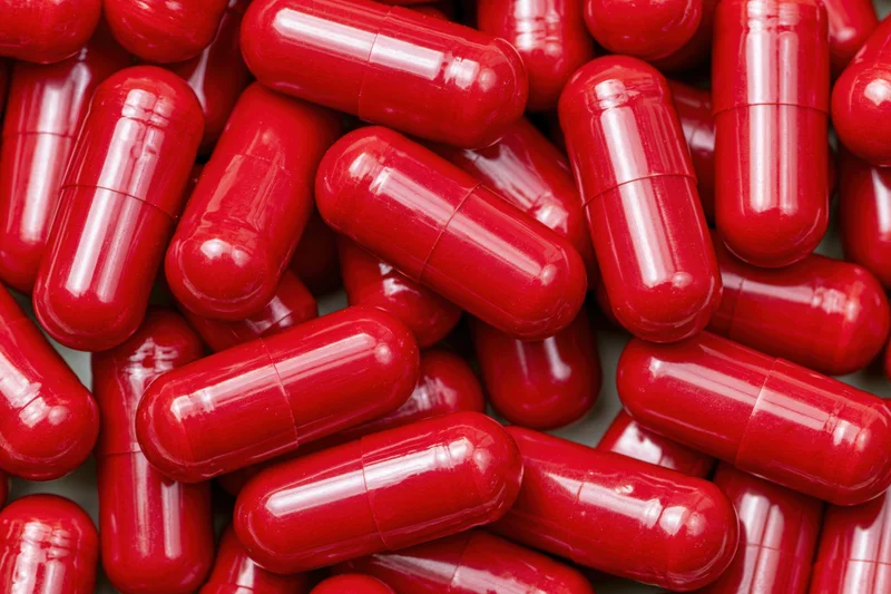 Bright red gelatin capsules scattered in a pile