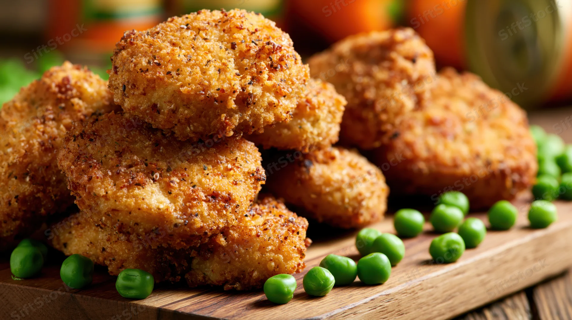 Golden-brown breaded chicken nuggets stacked on a wooden board with green peas scattered around