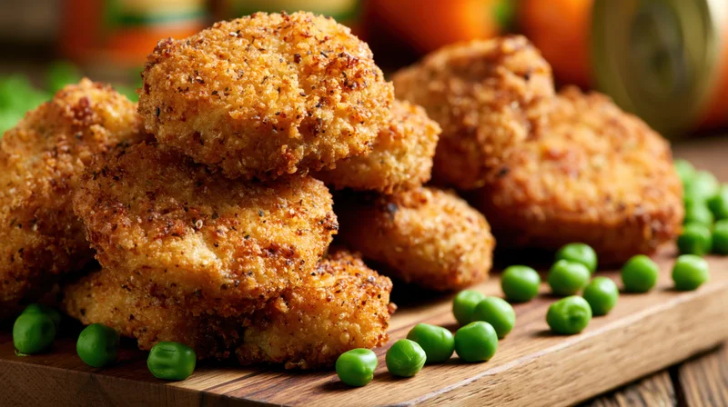 Golden-brown breaded chicken nuggets stacked on a wooden board with green peas scattered around