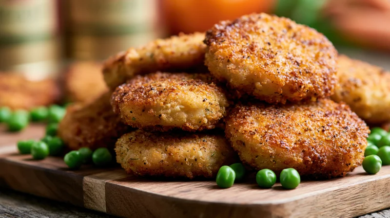 Golden-brown breaded chicken nuggets stacked on a wooden board with green peas around