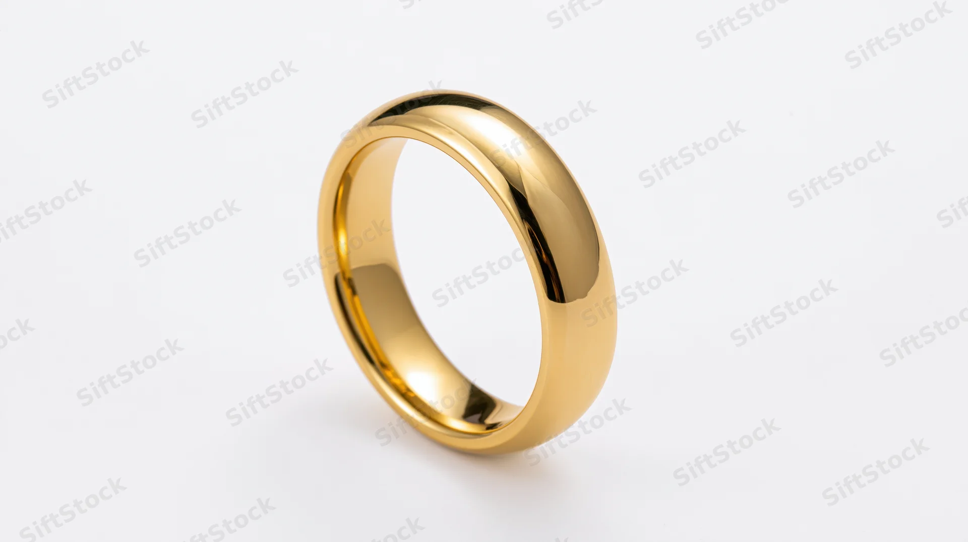Plain polished gold wedding band standing upright on white background