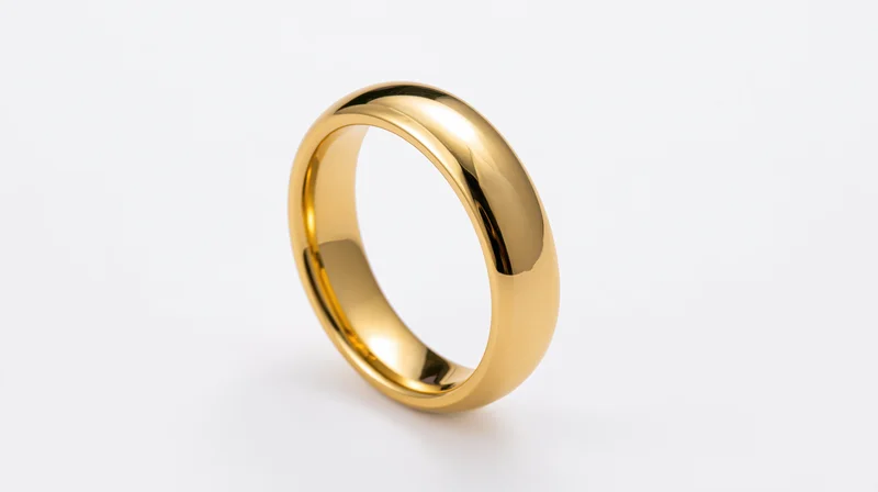 Plain polished gold wedding band standing upright on white background
