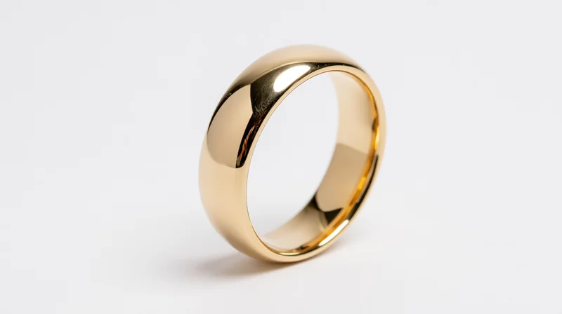Polished gold wedding band standing upright on a white surface