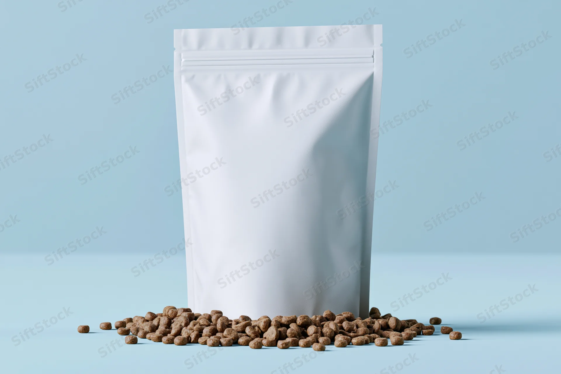 White resealable pouch for pet food with scattered kibble on light blue surface