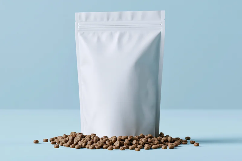 White resealable pouch for pet food with scattered kibble on light blue surface