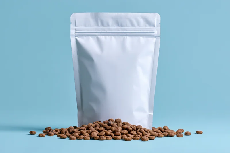 White resealable pouch with scattered pet kibble on blue background