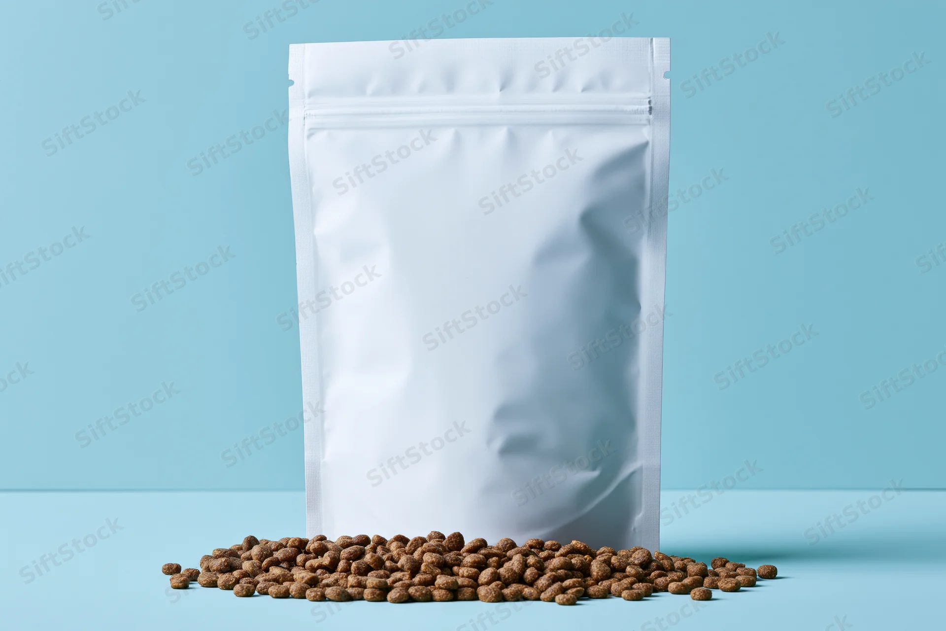 White resealable pouch with scattered kibble on blue surface