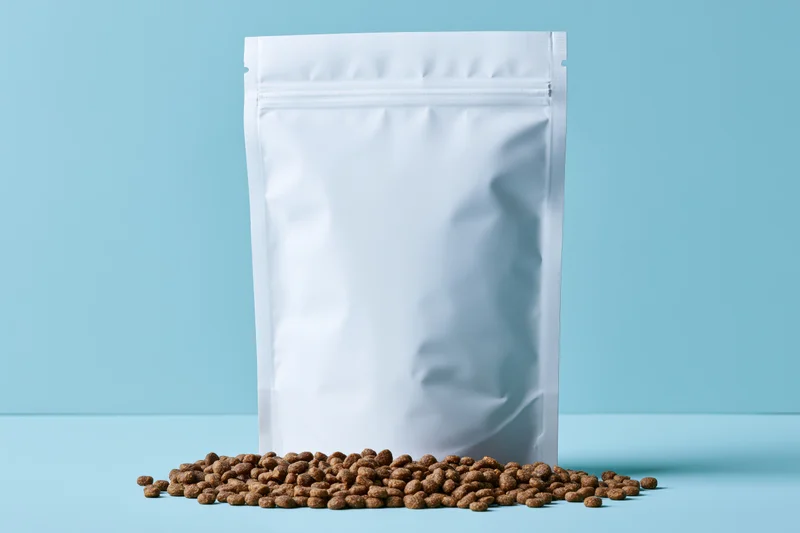 White resealable pouch with scattered kibble on blue surface
