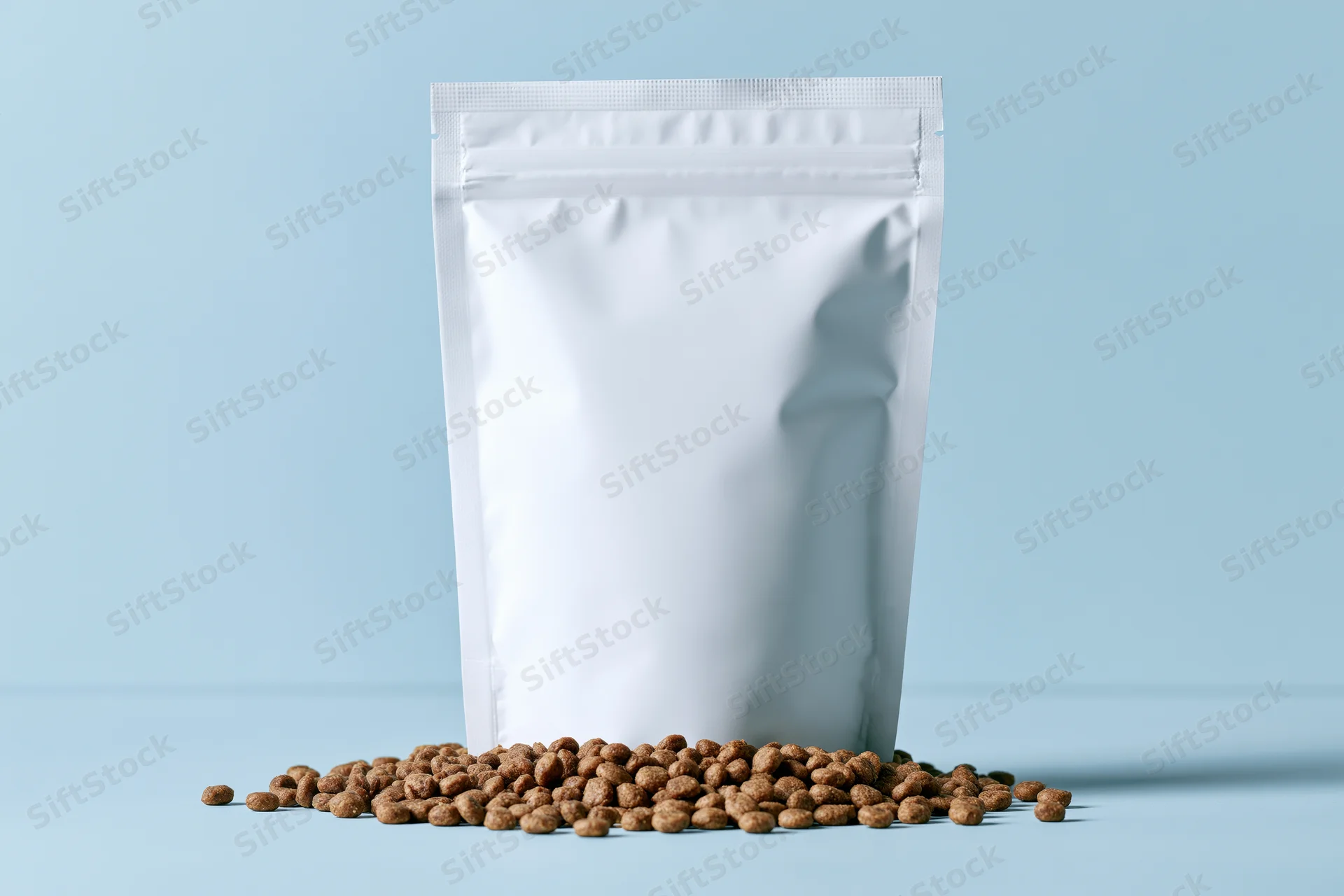 White resealable pouch for pet food with scattered kibble on blue background