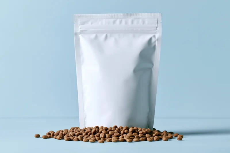White resealable pouch for pet food with scattered kibble on blue background