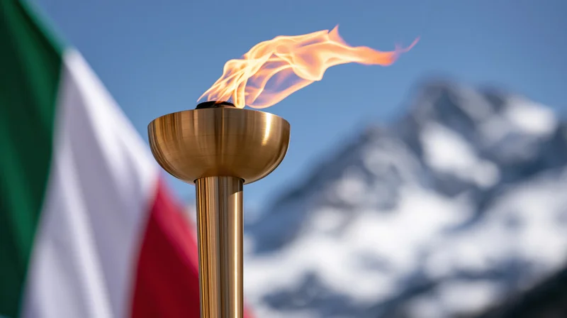 Bronze olympic torch with flame burning in front of italian flag and snowy mountains