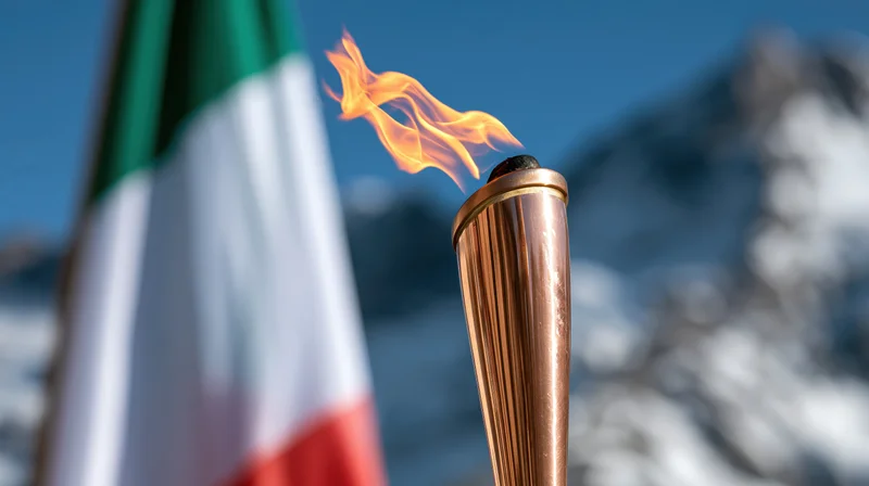 Bronze torch with flame burning in front of italian flag against snowy mountains