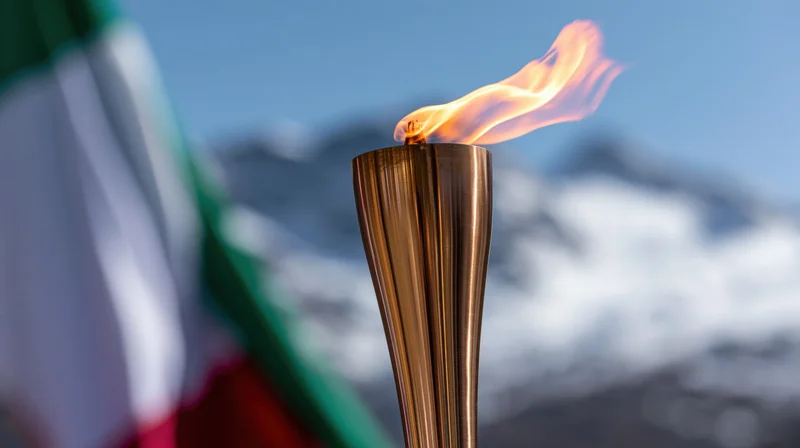 Bronze olympic torch with flame burning against snowy mountains and italian flag in background