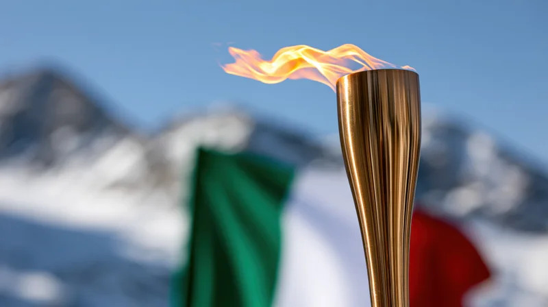 Bronze olympic torch with flame burning in front of canadian flag and snowy mountains