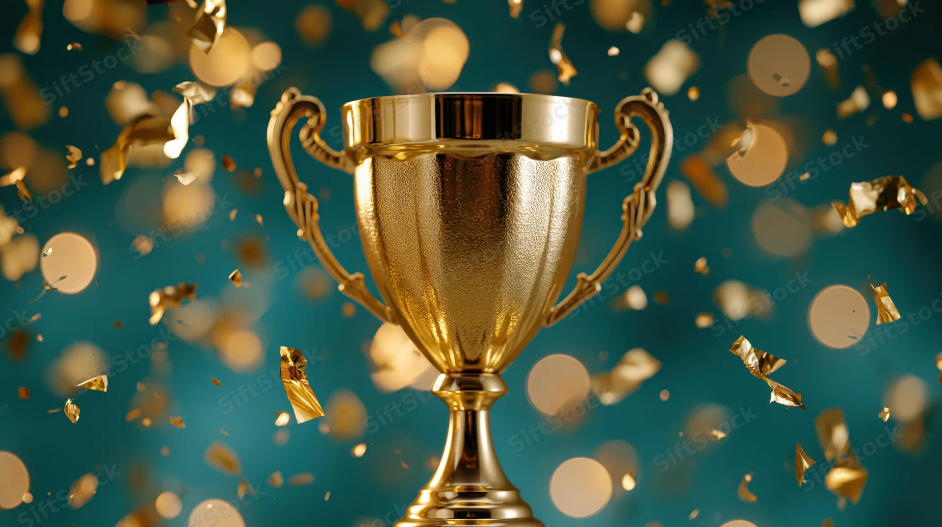 Golden trophy centered with falling confetti against teal bokeh background