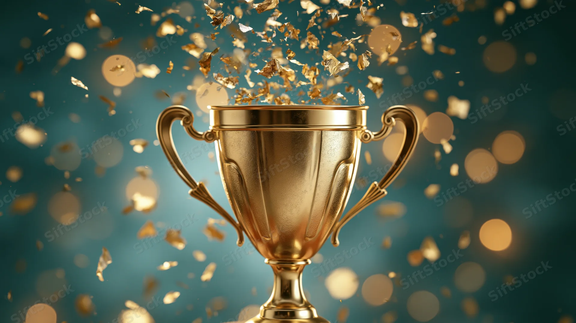 Golden trophy cup with confetti bursting from top against teal bokeh background