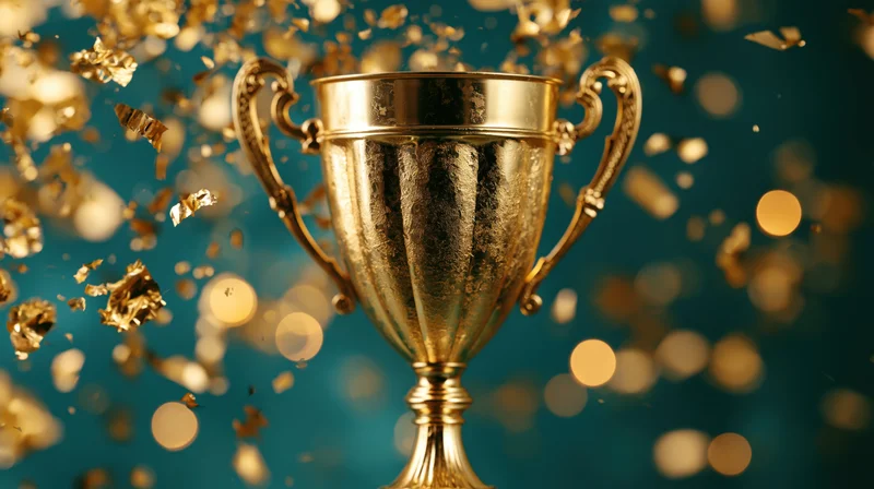 Golden trophy cup centered with falling confetti against teal bokeh background