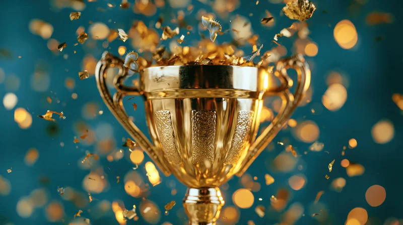 Golden trophy cup surrounded by falling confetti and glitter against a blue bokeh background