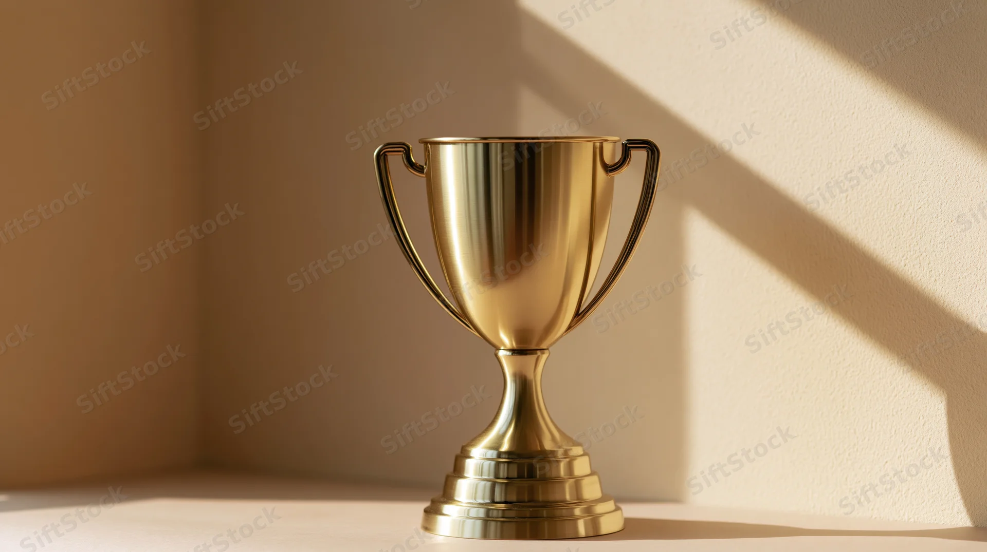 Polished gold trophy cup on a flat surface in a sunlit interior corner