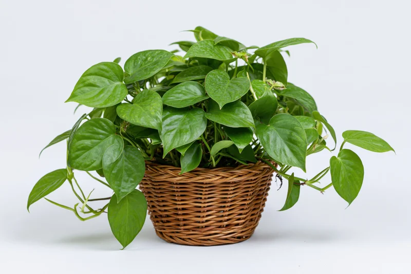 Pothos houseplant with heart-shaped green leaves trailing from a wicker basket on white background
