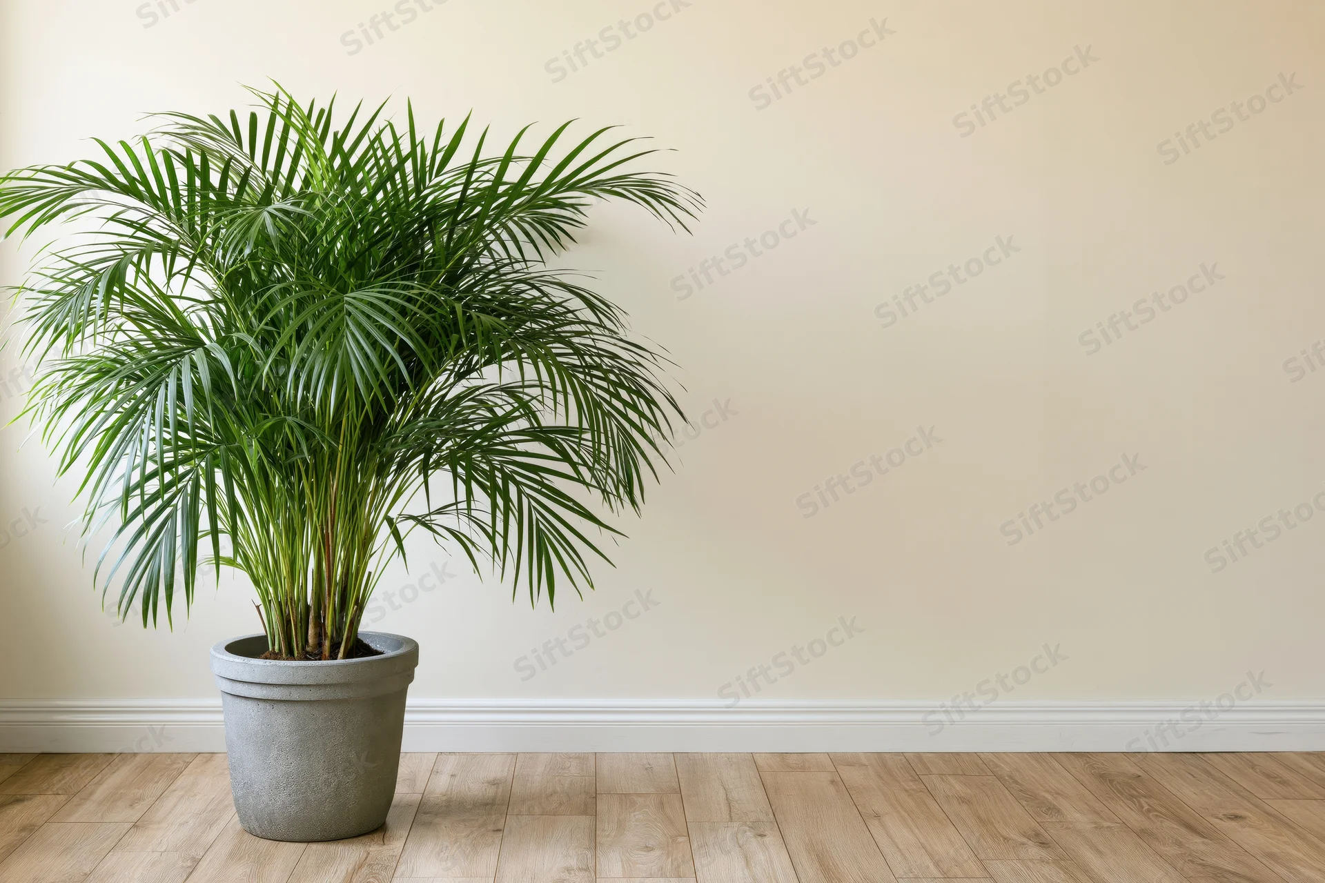 Areca palm in gray pot on light wood floor against beige wall
