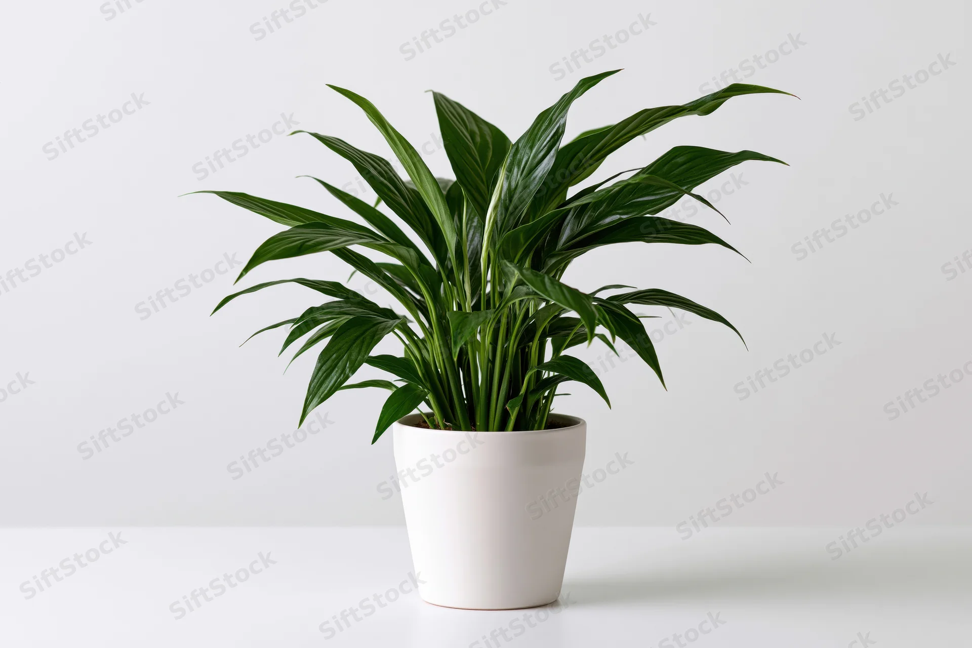 Spathiphyllum houseplant in white ceramic pot on white surface