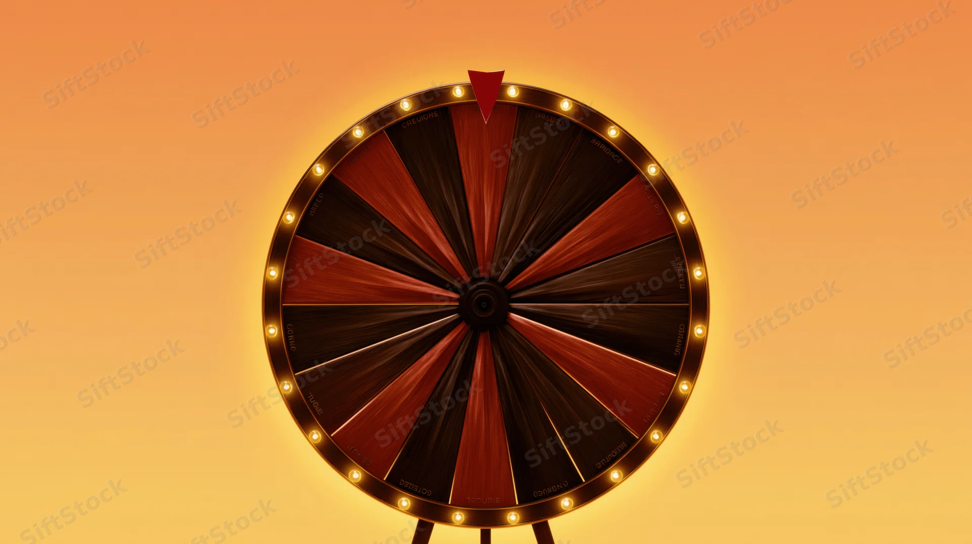 Spinning prize wheel with labeled segments and red pointer on orange gradient background