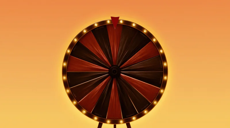 Spinning prize wheel with labeled segments and red pointer on orange gradient background