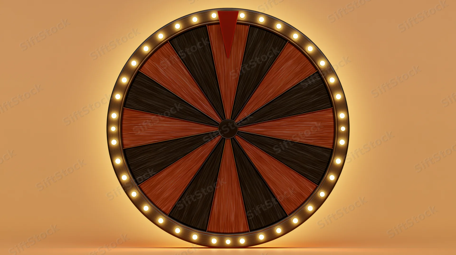 Spinning prize wheel with red pointer and illuminated ring on warm background