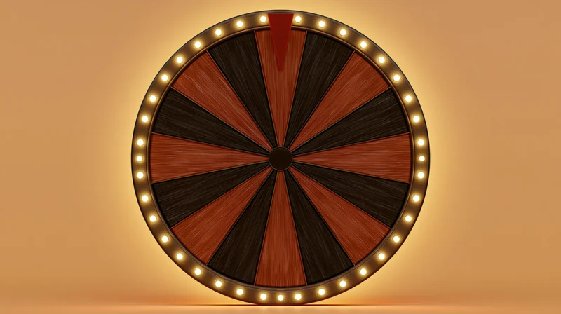 Spinning prize wheel with red pointer and illuminated ring on warm background