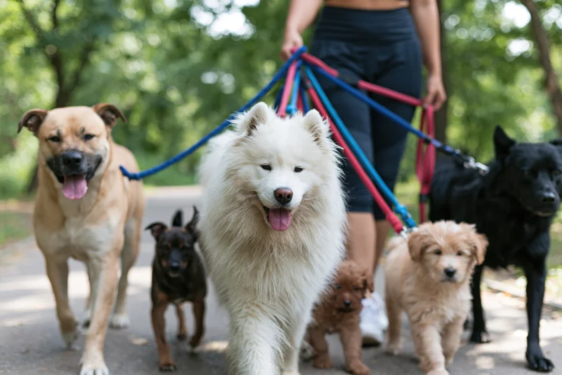 Woman walking multiple dogs on leashes in a park