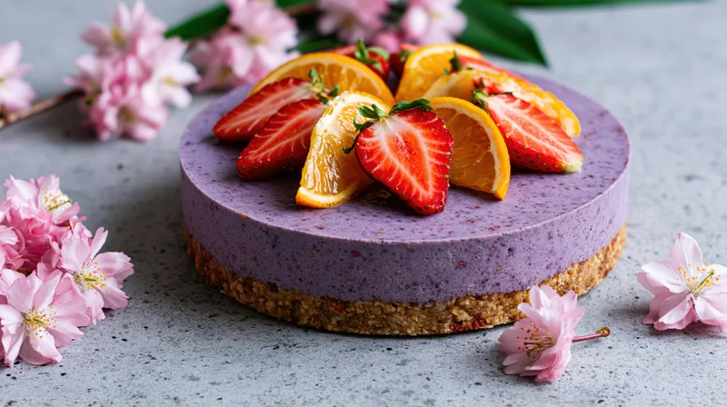 Purple raw vegan blueberry cheesecake topped with strawberries and orange slices on gray surface surrounded by pink cherry blossoms